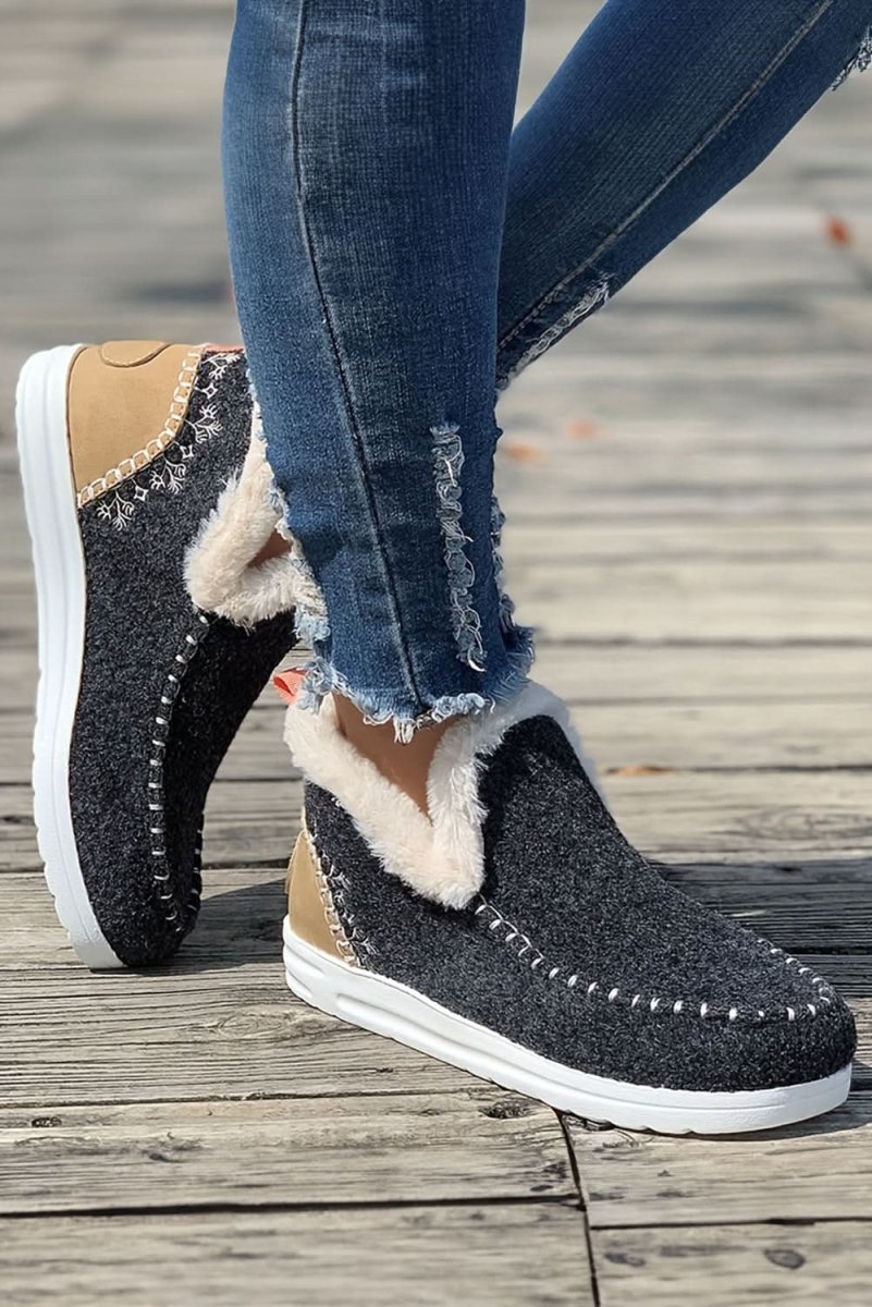 Carbon Grey Suede Patchwork Plush-Lined Anklet Boots with Stitching Detail - Love Salve